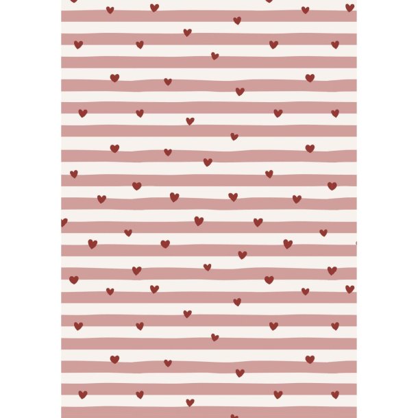 Gavepapir <br><br> R�de hjerter og lyser�de striber <br><br> 5 m pr. rulle <br><br>