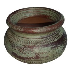 Lille hndlavet lerkrukke <br><br> patineret grn <br><br>