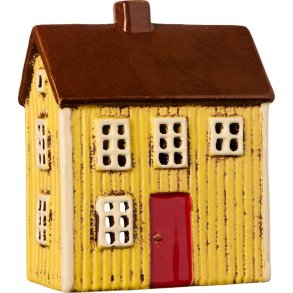 Visby hus t/ fyrfadslys <br><br> Gul med rd dr <br><br>