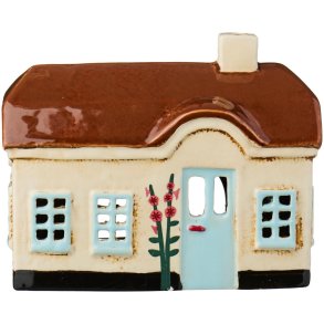 Ebeltoft hus t/ fyrfadslys <br><br> Lysebl� d�r og stokroser <br><br>