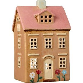 Nyhavn hus t/ fyrfadslys <br><br> Med blomster og lyserdt tag <br><br>