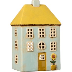 Nyhavn hus t/ fyrfadslys <br><br> Med solsikke og gult tag <br><br>