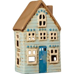 Visby hus t/ fyrfadslys <br><br> Bl dr med brunt tag <br><br>