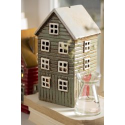 Thorshavn hus t/ fyrfadslys <br><br> gr�n med r�d d�r p� siden <br><br>