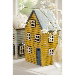 Thorshavn hus t/ fyrfadslys <br><br> gult med bl dr <br><br>