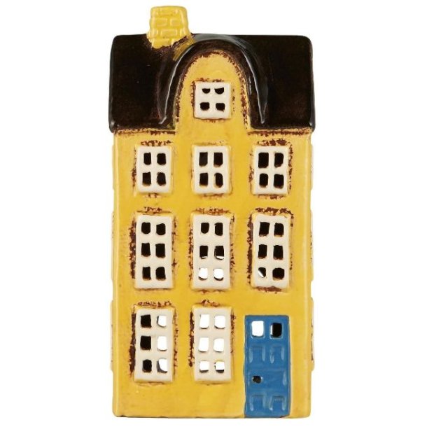 Nyhavn hus t/ fyrfadslys <br><br> Gul med blå dør <br><br>