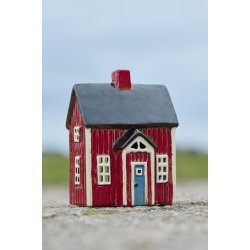 Visby hus t/ fyrfadslys <br><br> R�d med bl� d�r <br><br>