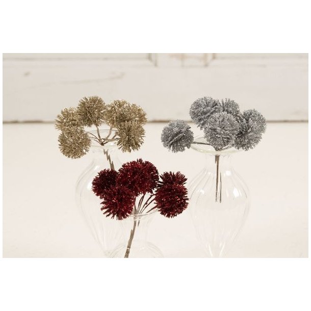 Pyntekugler p� stilk <br><br>  glimmer guld <br><br> bundt m. 6 stk