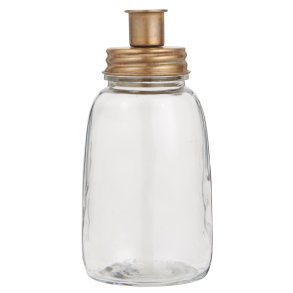 Glas stage med metallg <br><br> til bedelys <br><br> Gylden <br><br>