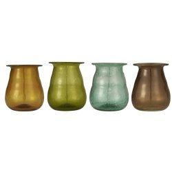 Vase m/ lille kant UNIKA <br><br> h 9 cm <br><br> 4 ass farver <br><br> Mundblst genbrugsglas