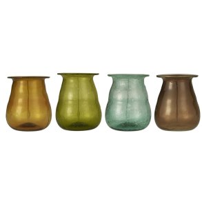 Vase m/ lille kant UNIKA <br><br> h 9 cm <br><br> 4 ass farver <br><br> Mundblst genbrugsglas