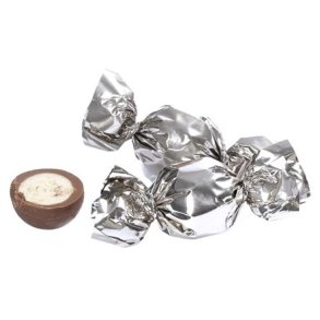 Fyldte Chokoladekugler <br><br> Vanilje med knas <br><br>  s�lv <br><br> 100 g <br><br>