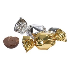 Fyldte Chokoladekugler <br><br> med karamelcreme <br><br> guld <br><br> 100 g <br><br>