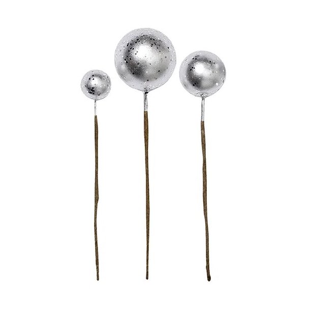 Glitter kugler p� tr�d <br><br> s�lv <br><br> s�t m. 3 str. <br><br>