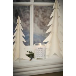 Kalenderlys <br><br> Glas med paraffinlys <br><br> etiket m/ 1-24 <br><br> ca. 35t  <br><br>