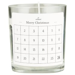 Kalenderlys <br><br> Glas med paraffinlys <br><br> etiket m/ 1-24 <br><br> ca. 35t  <br><br>