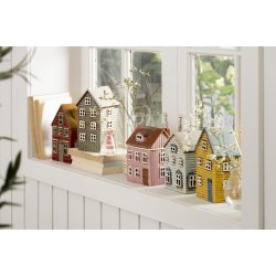 Thorshavn hus t/ fyrfadslys <br><br> gult med bl dr <br><br>