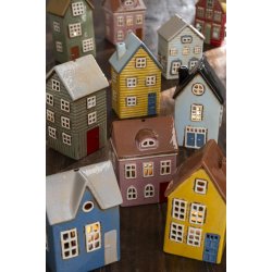 Thorshavn hus t/ fyrfadslys <br><br> gult med bl dr <br><br>