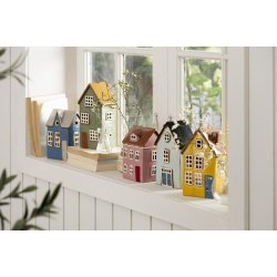 Nyhavn hus t/ fyrfadslys <br><br> grn med brun dr <br><br>