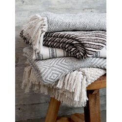 Plaid af overskudsgarn <br><br> mrkebrun m. striber <br><br> 170 x 130 cm